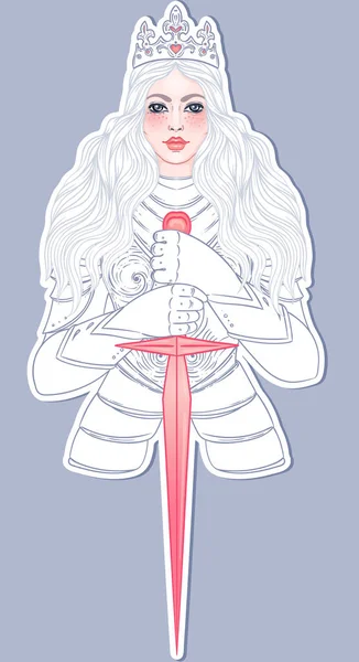 Potret gadis cantik dengan pedang dan mahkota. Ksatria berbaju baja wanita. Vektor ilustrasi. Estetika abad pertengahan. Kekuatan wanita. Joan of Arc terinspirasi  . Stok Vektor Bebas Royalti