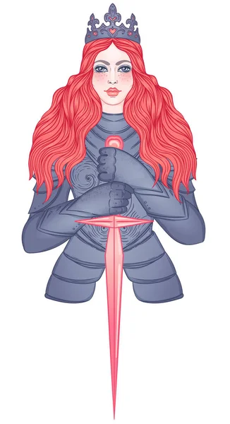 Potret gadis cantik dengan pedang dan mahkota. Ksatria berbaju baja wanita. Vektor ilustrasi. Estetika abad pertengahan. Kekuatan wanita. Joan of Arc terinspirasi  . Stok Ilustrasi 