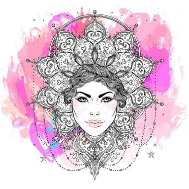 Kabile Füzyon Boho Tanrıçası. Süslü tacı olan güzel ilahi diva kız, Kokoshnik 'ten esinlenilmiştir. Bohem tanrıça. Elle çizilmiş zarif bir illüstrasyon. Nilüfer çiçeği, etnik sanat, şal deseni..