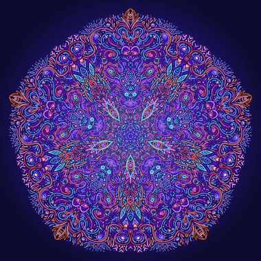 Hipnotik şamanik asit deseni. Etnik Hint tarzında elle çizilmiş tasarım. Mistik soyut arka plan, hippi ve boho dokusu.