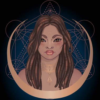 Afro-Amerikan sihirli kadın tüm gözleri ışınla görüyor. Vektör İllüstrasyonu. Kutsal geometri sembolleri ve kanatlarının üzerindeki gizemli siyah kız. Simya, din, maneviyat, okültizm
