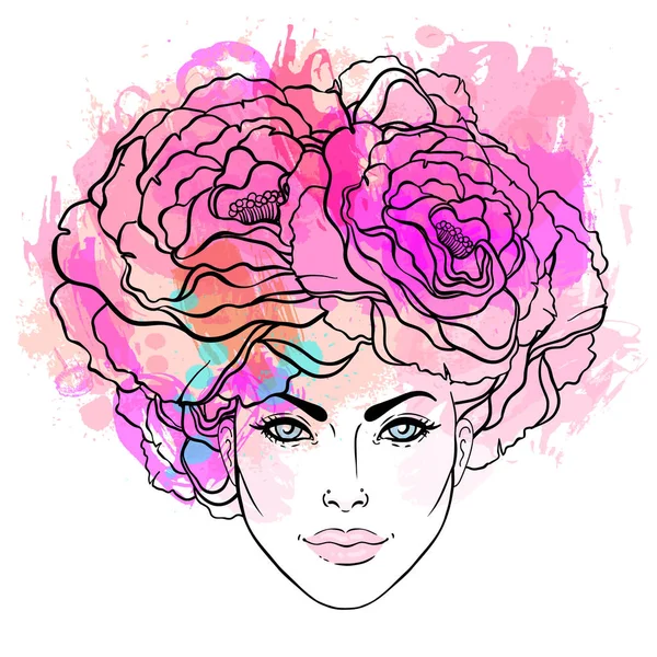 Pretty young girl with peonies in her hair. Hand drawn vector fashion illustration in pink color. Female portrait of magic floral fairy. Fantasy, Beauty, fashion — Stock Vector