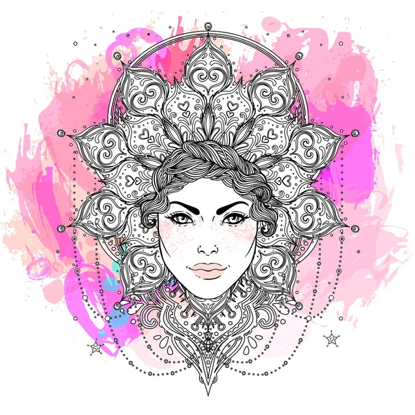 Tribal Fusion Boho Goddess. Beautiful divine diva girl with ornate crown, kokoshnik inspired. Bohemian goddess. Hand drawn elegant illustration. Lotus flower, ethnic art, paisley. — Stock Vector