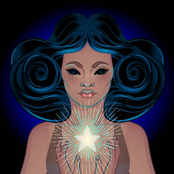 アフリカ系アメリカ人の魔法の女性は光線で目を見ている。ベクトルイラスト。神聖な幾何学記号や翼の上に神秘的な黒の女の子。錬金術、宗教、精神性、オカルト — ストックベクタ