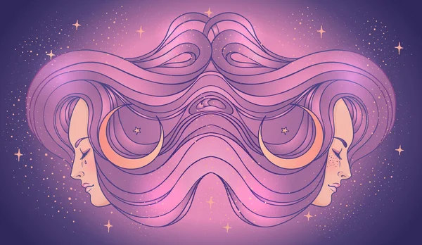 Das Profil zweier Mädchen mit Sternen und Monden an ihren Haaren. Frauenporträt der magischen Nachtfee. isolierte Vektorillustration. Fantasie, Spiritualität, Okkultismus, Tätowierung. — Stockvektor