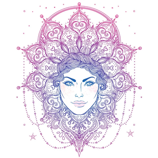 Tribal Fusion Boho Goddess. Beautiful divine diva girl with ornate crown, kokoshnik inspired. Bohemian goddess. Hand drawn elegant illustration. Lotus flower, ethnic art, paisley. — Stock Vector