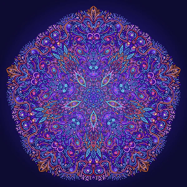 Modèle d'acide chamanique hypnotique. Design dessiné à la main dans un style ethnique indien. Fond abstrait mystique, texture hippie et boho . — Image vectorielle