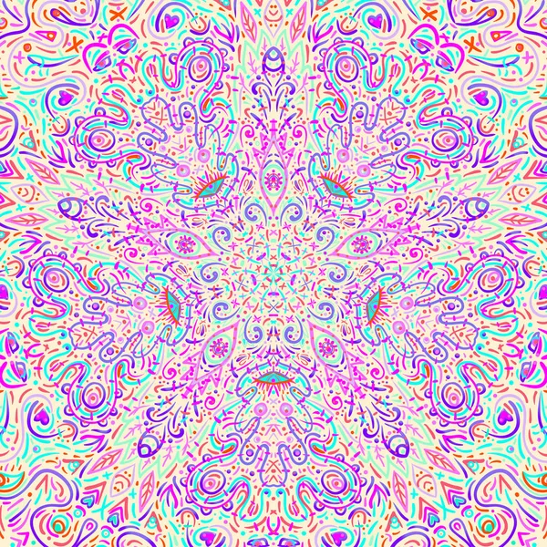 Modèle d'acide chamanique hypnotique. Design dessiné à la main dans un style ethnique indien. Fond abstrait mystique, texture hippie et boho . — Image vectorielle