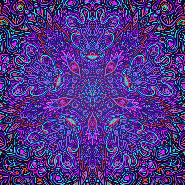 Hypnotisch sjamanisch zuur patroon. Handgetekend ontwerp in etnische Indiase stijl. Mystieke abstracte achtergrond, hippie en boho textuur. — Stockvector