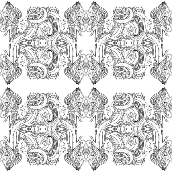 Vector black and white ornamental Lotus Bohemian floral paisley seamless ornament. Folk henna tattoo style pattern. Indian style. Vintage ornate vector wallpaper. — Stock Vector
