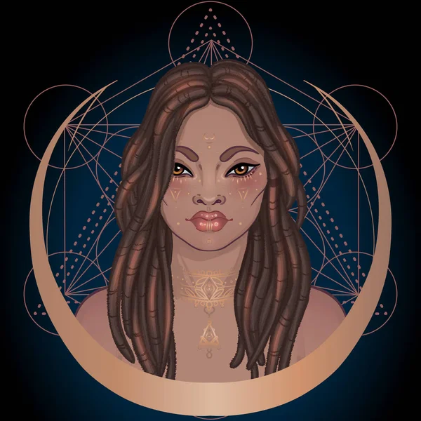 Mujer mágica afroamericana sosteniendo todos los ojos con rayos. Ilustración vectorial. Chica negra misteriosa sobre símbolos de geometría sagrada y alas. Alquimia, religión, espiritualidad, ocultismo — Vector de stock