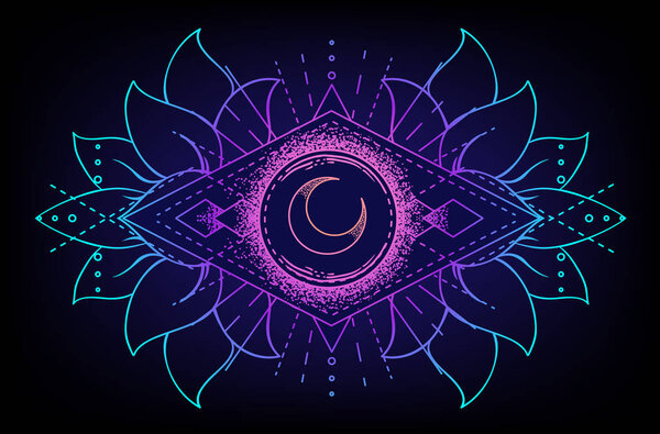 Сакральная геометрия и набор символов Бу. Аюрведа признак гармонии и равновесия. Дизайн татуировки, логотип йоги, текстиль футболки. Цветной градиент над черным. Астрология, эзотерика, религия.