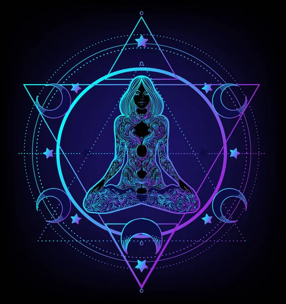 Heilige Geometrie und Boo-Symbolsatz. Ayurveda Zeichen der Harmonie und Ausgeglichenheit. Tätowierung, Yoga-Logo. Poster, T-Shirt Textil. Astrologie, Esoterik, Religion. — Stockvektor