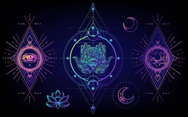 Sacred Geometry dan Boo simbol set. Ayurveda tanda harmoni dan keseimbangan. Desain tato, logo yoga. poster, t-shirt tekstil. Gradien pelangi berwarna di atas hitam. - Stok Vektor