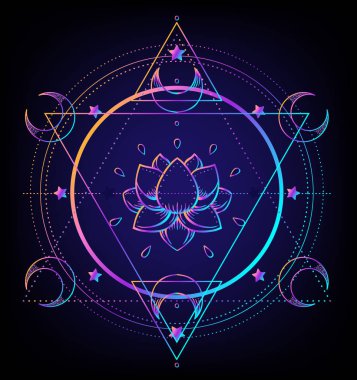 Kutsal Geometri ve Boo sembolü seti. Ayurveda uyum ve denge işareti. Dövme tasarımı, yoga logosu, tişört tekstili. Renkli eğim siyahtan önce gelir. Astroloji, ezoterik, din.