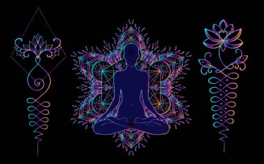 Kutsal Geometri ve Boo sembolü seti. Ayurveda uyum ve denge işareti. Dövme tasarımı, yoga. poster, tişört tekstili. Renkli eğim siyahtan önce gelir. Astroloji, ezoterik, din.