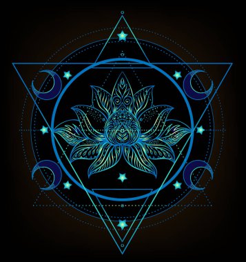 Kutsal Geometri ve Boo sembolü seti. Ayurveda uyum ve denge işareti. Dövme tasarımı, yoga logosu, tişört tekstili. Renkli eğim siyahtan önce gelir. Astroloji, ezoterik, din.