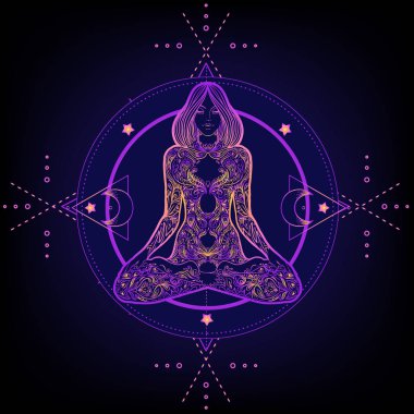 Kutsal Geometri ve Boo sembolü seti. Ayurveda uyum ve denge işareti. Dövme tasarımı, yoga logosu. poster, tişört tekstili. Astroloji, ezoterik, din.