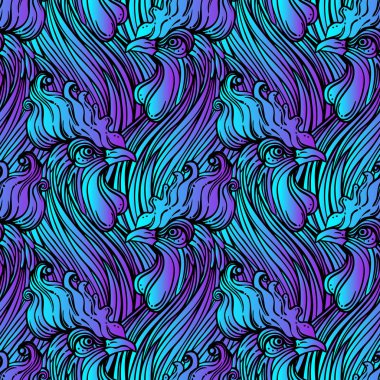 Horozların dikişsiz deseni, Çin burcunun sembolü. Sonsuz arka plan. Sürekli sik kafalı. Duvar kağıdı sanatı, renk, doğa ve maneviyat için tasarım.