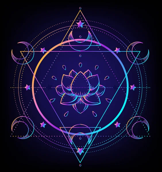 Heilige Geometrie en Boo symbool set. Ayurveda teken van harmonie en evenwicht. Tattoo design, yoga logo, t-shirt textiel. Kleurrijk verloop over zwart. Astrologie, esoterisch, religie. — Stockvector