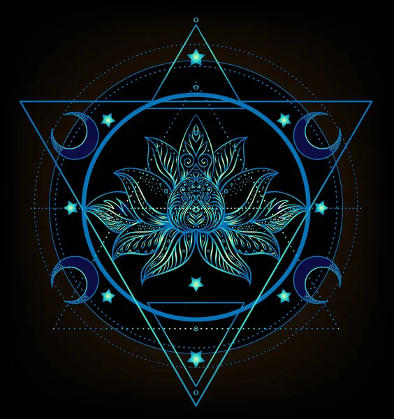 Geometria sacră și setul de simboluri Boo. Ayurveda semn de armonie și echilibru. Design tatuaj, logo-ul yoga, textile tricou. Gradient colorat peste negru. Astrologie, ezoterie, religie . — Vector de stoc