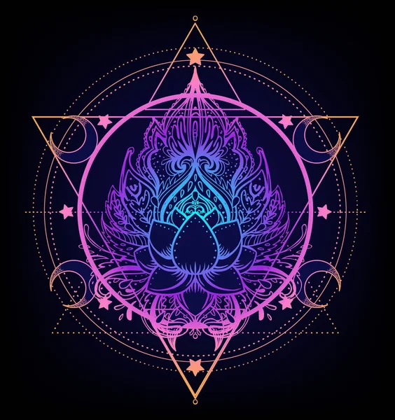 Helig geometri och Boo symbol set. Ayurveda ett tecken på harmoni och balans. Tatuering design, yoga logo, t-shirt textil. Färgstark lutning över svart. Astrologi, esoterisk, religion. — Stock vektor
