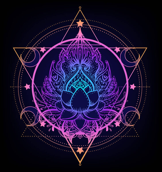 Сакральная геометрия и набор символов Бу. Аюрведа признак гармонии и равновесия. Дизайн татуировки, логотип йоги, текстиль футболки. Цветной градиент над черным. Астрология, эзотерика, религия.