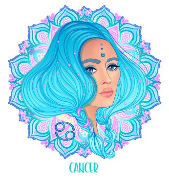 Mandala deseni yerine güzel bir kız olarak Kanser burcunun çizimi. Zodiac vektör çizimi beyaza izole edildi. Gelecek anlatımı, yıldız falı