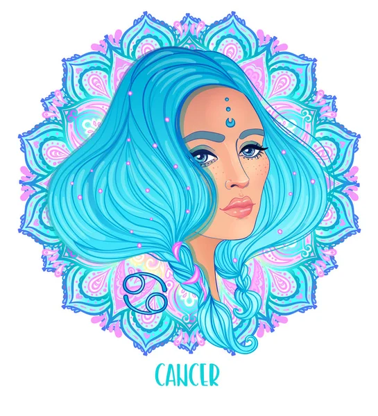 Dibujo de Cáncer signo astrológico como una hermosa niña sobre el patrón de mandala adornado. Ilustración vectorial del zodíaco aislada en blanco. Futuro contando, horóscopo — Vector de stock