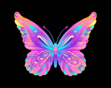 Parlak neon renkli el çizimi kelebek. Han tişört izi ya da dövme tasarımı.