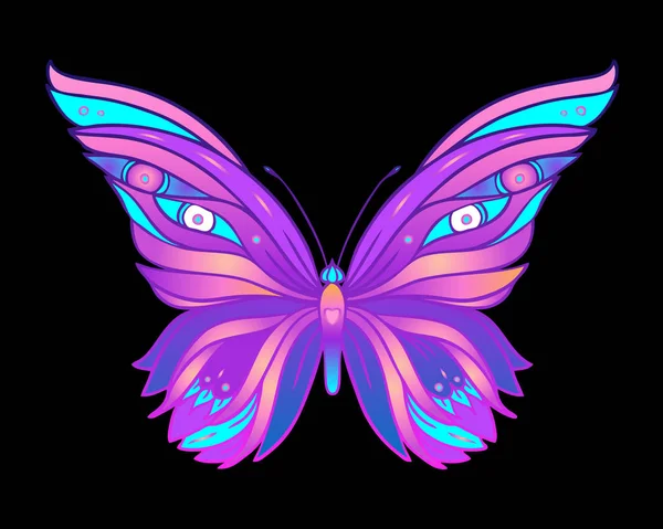 明るいネオンカラーで手描き蝶。Tシャツのプリントやタトゥーのためのハン図面デザイン. — ストックベクタ