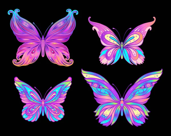 Ręcznie rysowany motyl w jasnych neonowych kolorach. Projekt rysunku Han do druku lub tatuażu koszulki. — Wektor stockowy