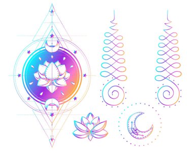 Kutsal Geometri ve Boo sembolü seti. Ayurveda uyum ve denge işareti. Dövme tasarımı, yoga logosu. poster, tişört. Renkli eğim siyahtan önce gelir. Astroloji, ezoterik, din.