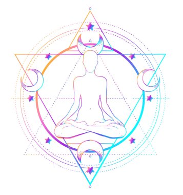 Kutsal Geometri ve Boo sembolü seti. Ayurveda uyum ve denge işareti. Dövme tasarımı, yoga logosu. poster, tişört. Renkli eğim siyahtan önce gelir. Astroloji, ezoterik, din.