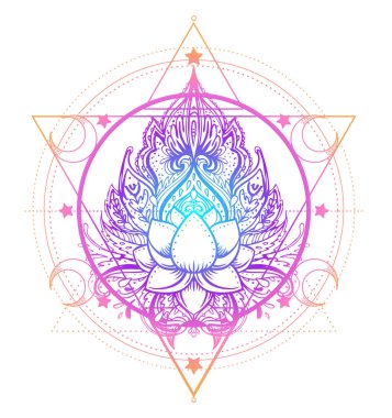 Kutsal Geometri ve Boo sembolü seti. Ayurveda uyum ve denge işareti. Dövme tasarımı, yoga logosu. poster, tişört. Renkli eğim siyahtan önce gelir. Astroloji, ezoterik, din.