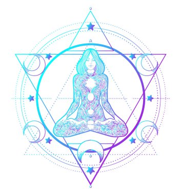 Kutsal Geometri ve Boo sembolü seti. Ayurveda uyum ve denge işareti. Dövme tasarımı, yoga logosu. poster, tişört. Renkli eğim siyahtan önce gelir. Astroloji, ezoterik, din.