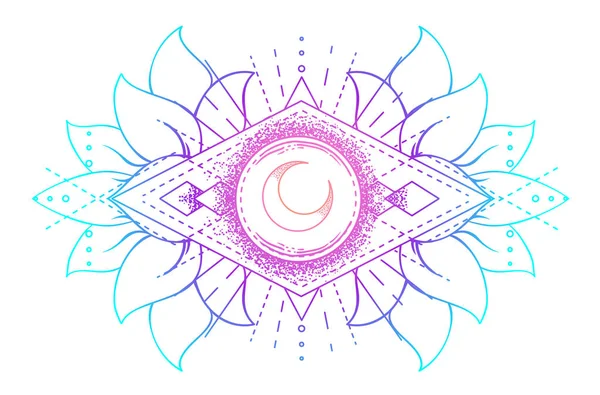 Conjunto de símbolos Geometría Sagrada y Boo. Signo ayurveda de armonía y equilibrio. Diseño de tatuajes, logo de yoga. póster, camiseta. Gradiente colorido sobre negro. Astrología, esotérica, religión. — Vector de stock