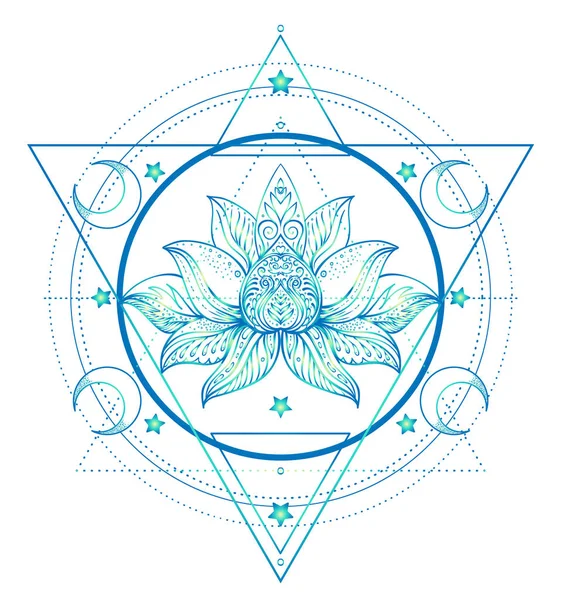 Helig geometri och Boo symbol set. Ayurveda ett tecken på harmoni och balans. Tatuering design, yoga logo. affisch, t-shirt. Färgstark lutning över svart. Astrologi, esoterisk, religion. — Stock vektor