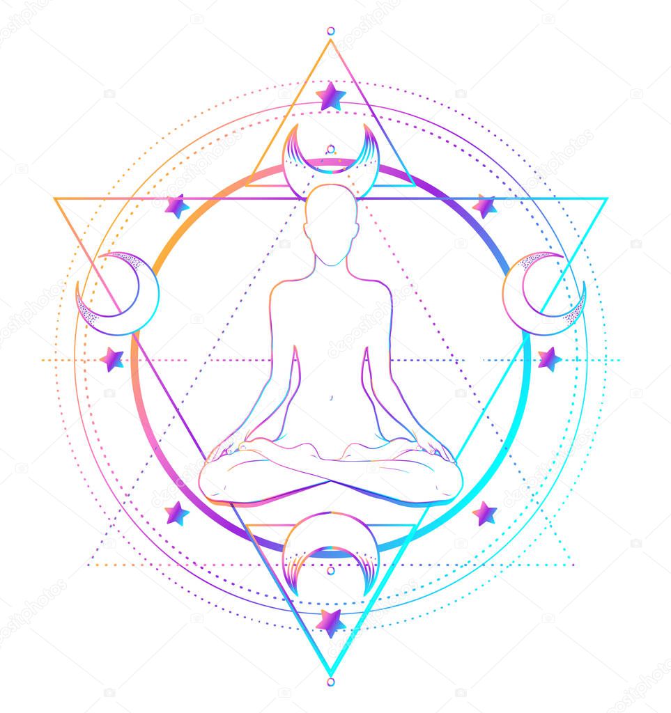Sacred Geometry and Boo symbol set. Ayurveda sign of harmony and balance. Tattoo design, yoga logo. poster, t-shirt. Colorful gradient over black. Astrology, esoteric, religion.