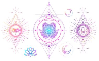 Kutsal Geometri ve Boo sembolü seti. Ayurveda uyum ve denge işareti. Dövme tasarımı, yoga logosu. poster, tişört. Renkli eğim siyahtan önce gelir. Astroloji, ezoterik, din.