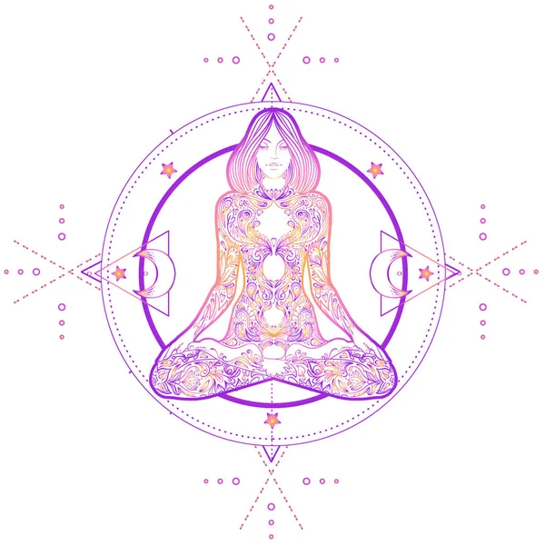 Geometria sacră și setul de simboluri Boo. Ayurveda semn de armonie și echilibru. Design tatuaj, logo yoga. poster, tricou. Gradient colorat peste negru. Astrologie, ezoterie, religie . — Vector de stoc