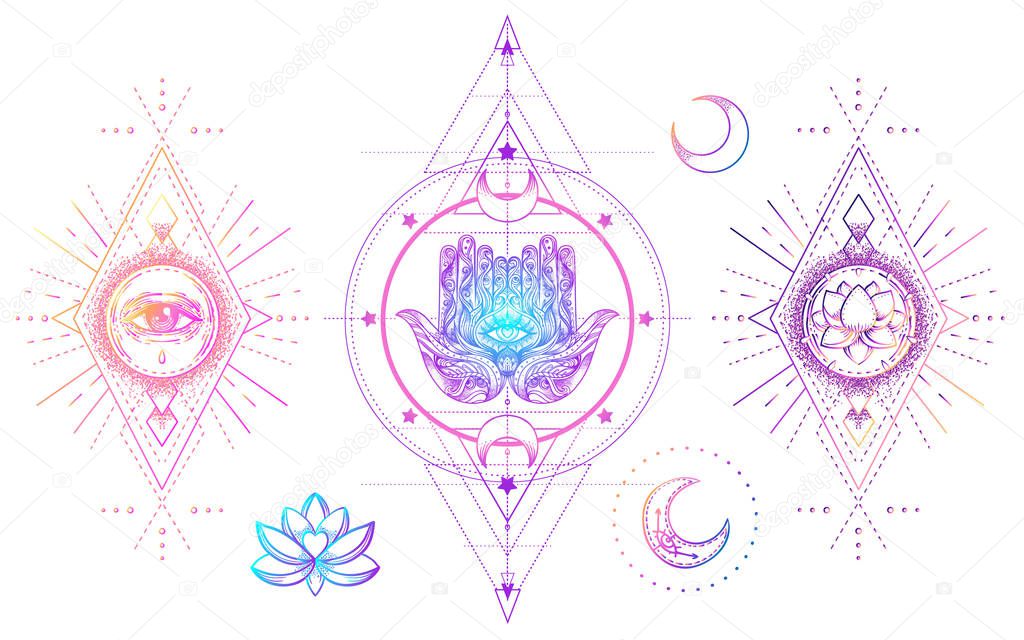 Sacred Geometry and Boo symbol set. Ayurveda sign of harmony and balance. Tattoo design, yoga logo. poster, t-shirt. Colorful gradient over black. Astrology, esoteric, religion.