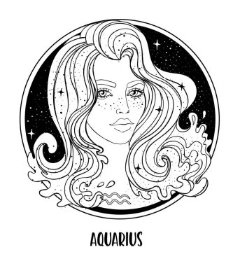 Kova burcunun güzel bir kız olarak resmedilmiş hali. Zodiac vektörü siyah beyaz çiziyor. Gelecek anlatımı, yıldız falı. Yetişkinler için boyama kitabı.