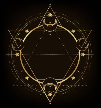 Ay çerçevesi. Kutsal Geometri. Ayurveda uyum, denge ve evrenin sembolü. Dövme et tasarımı, yoga logosu. Boho baskısı, poster, tişört tekstili. Siyah yerine altın gradyanı.