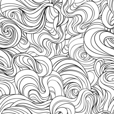 Doğal dokular. Dekoratif el çizimi süslemeli, kıvrımlı, dikişsiz desen. Sonsuz arka plan. Fırtınalı deniz çizimleri.