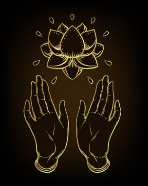 Lord Buddha Lotus çiçeğini tutarken ellerini açık tut. Mudra 'nın izole edilmiş vektör çizimi. Hindu motifleri. Dövme, yoga, maneviyat, tekstil. Siyah yerine altın gradyanı.