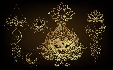Vektör süslemeli nilüfer çiçeği, etnik sanat, desenli Hint desenli şal deseni. El çizimi illüstrasyon izole. Davetiye. - Evet. Siyah yerine altın gradyanı.