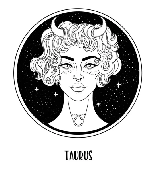 Ilustración de Tauro signo astrológico como una chica hermosa. Dibujo vectorial del zodíaco aislado en blanco y negro. Futuro, horóscopo. Libro para colorear para adultos. — Vector de stock