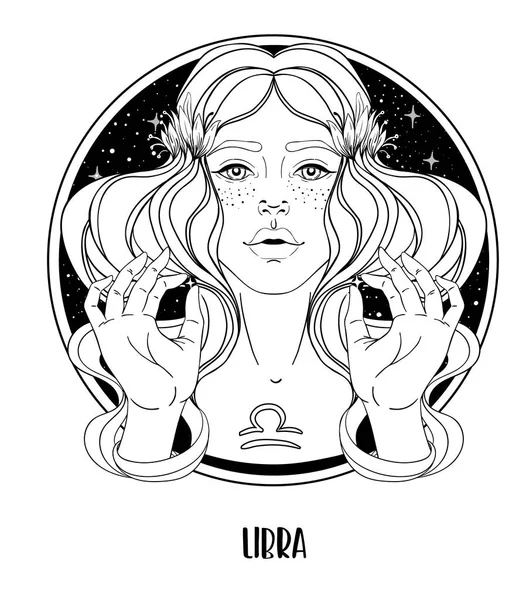 Illustration av Libra astrologiska tecken som en vacker flicka. Zodiac vektor ritning isolerad i svart och vitt. Framtiden talar, horoskop. Målarbok för vuxna. — Stock vektor