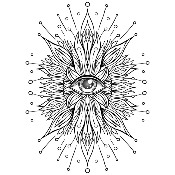 Lotus, Eye, Sacred Geometry. Ayurveda symbol of harmony and balance, and universe. Tattoo flesh design, yoga logo. Boho print. Anti stress book. Isolated vector illustration. — Stock Vector